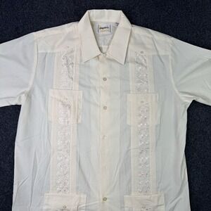 Guayabera Mens L Light Yellow Embroidered Cuban Wedding Shirt 4 Pocket